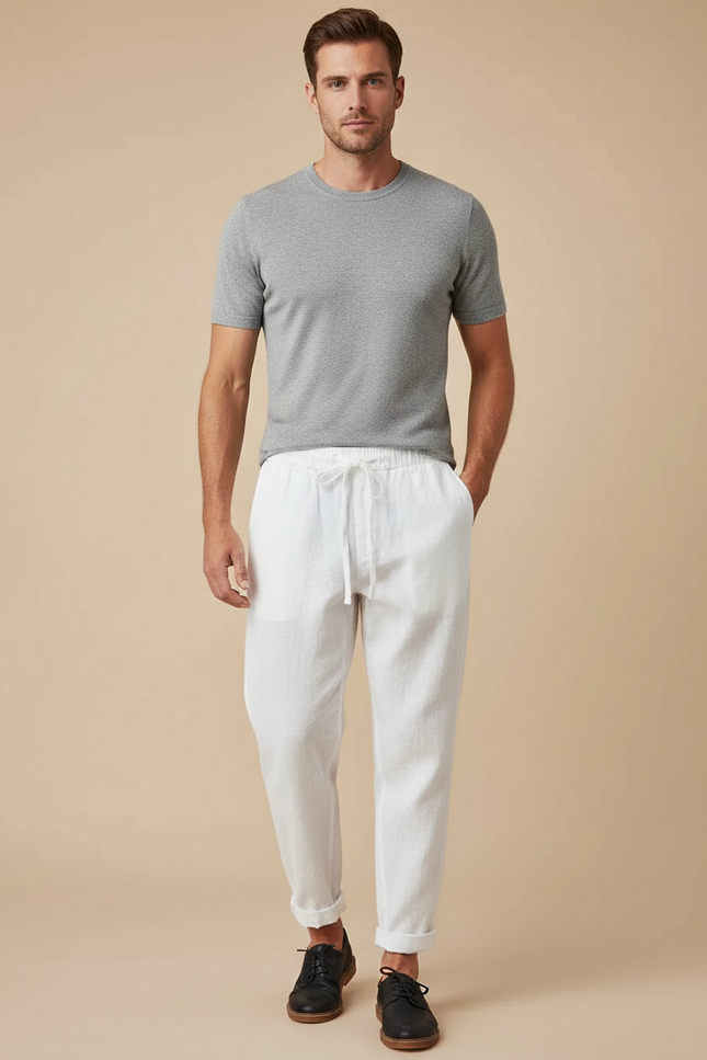 Pantalon Japonais Blanc Lin Ample Cordon Homme