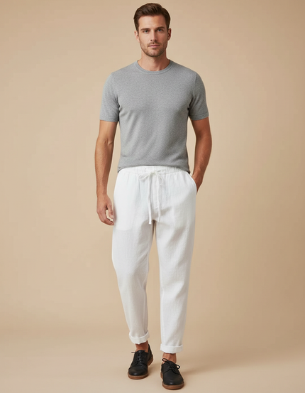 Pantalon Japonais Blanc Lin Ample Cordon Homme