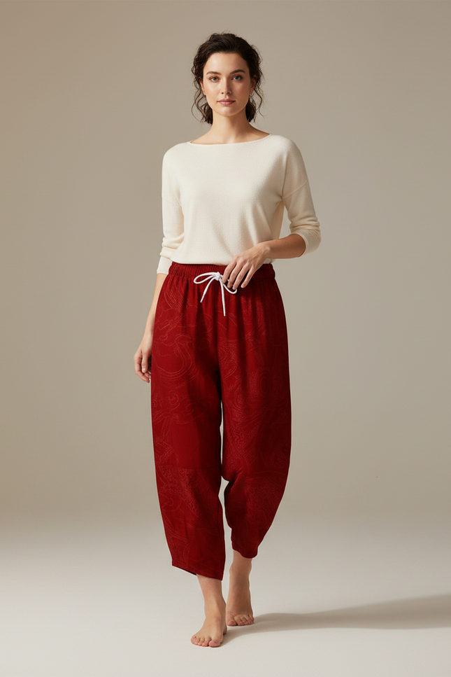 Pantalon Japonais Rouge Bordeau Ample Fluide Motif Paisley - Bordeaux Viscose