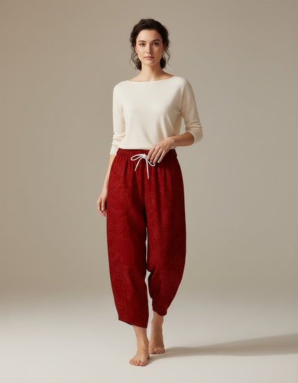 Pantalon Japonais Rouge Bordeau Ample Fluide Motif Paisley - Bordeaux Viscose