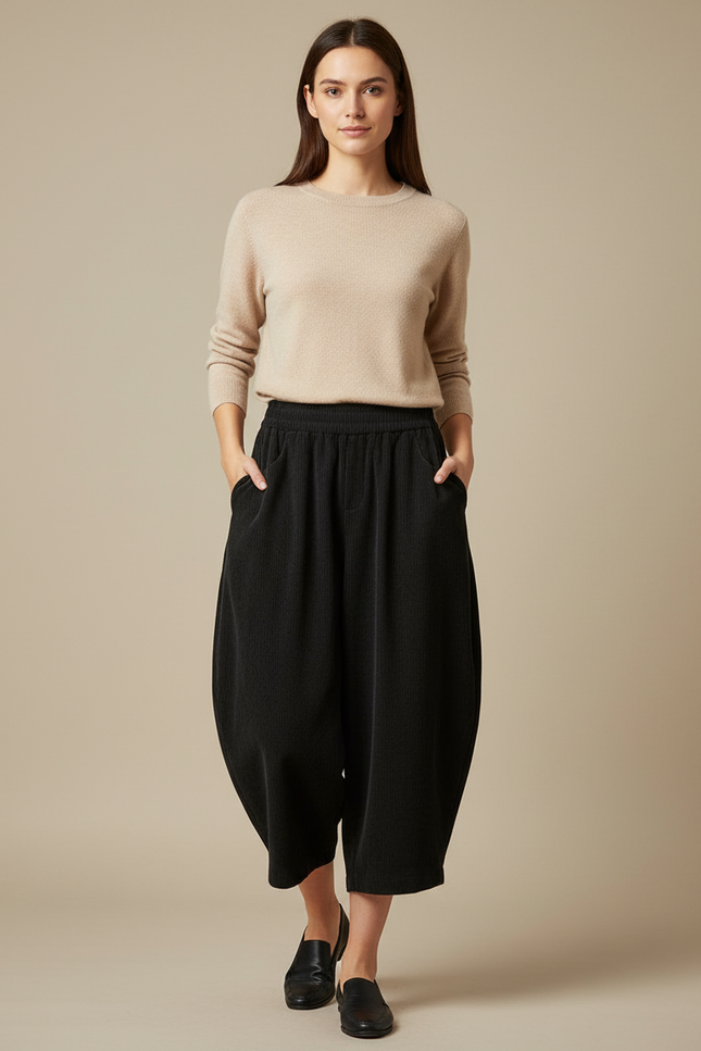 Pantalon Japonais Noir Côtelé Ample Harem Confortable - Cordé