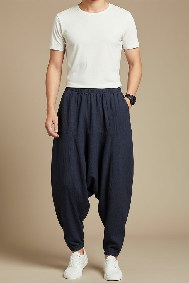 Pantalon Japonais Lin Ample Sarouel Décontracté Homme - Marine
