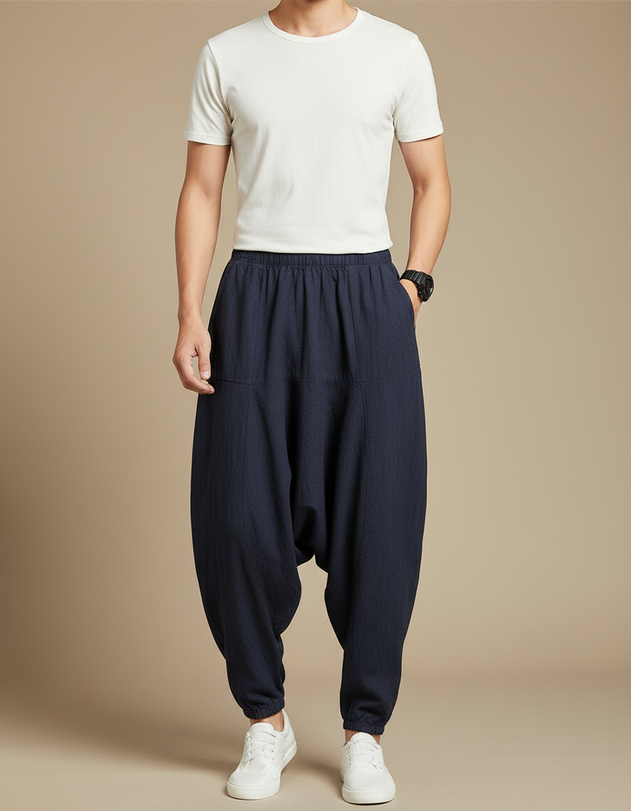 Pantalon Japonais Lin Ample Sarouel Décontracté Homme - Marine