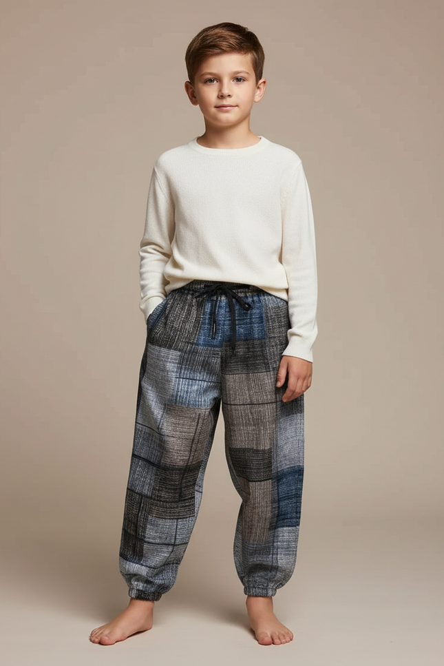 Pantalon Japonais Carreaux Ample Patchwork Élastique Cordon - Multicolore Tweed