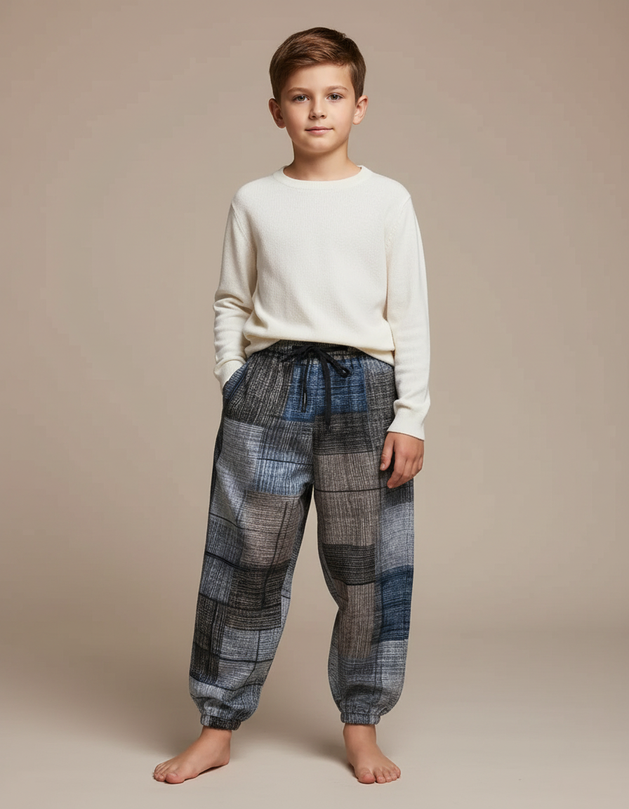 Pantalon Japonais Carreaux Ample Patchwork Élastique Cordon - Multicolore Tweed
