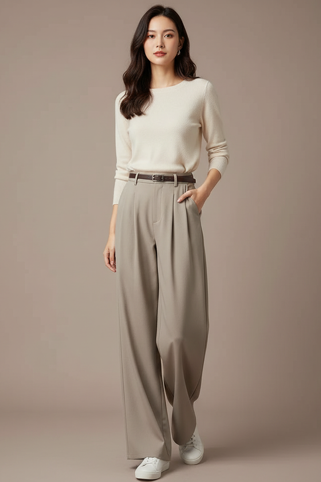 Pantalon Japonais Gris Plissé Ample Élégant Fluide - Polyester