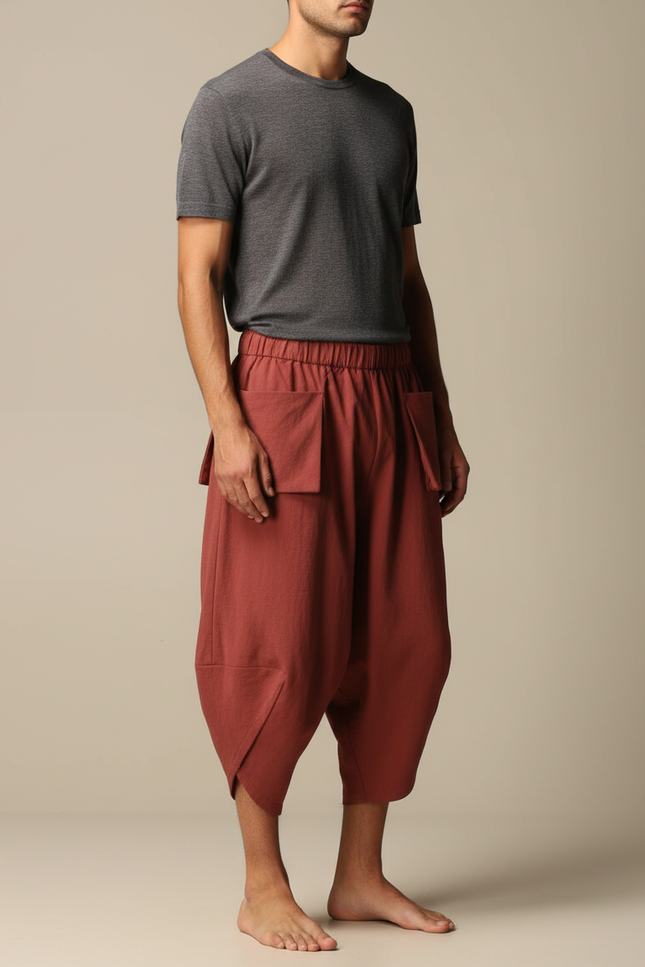 Pantalon Japonais Sarouel Ample Coton Terracotta Homme - Rouge