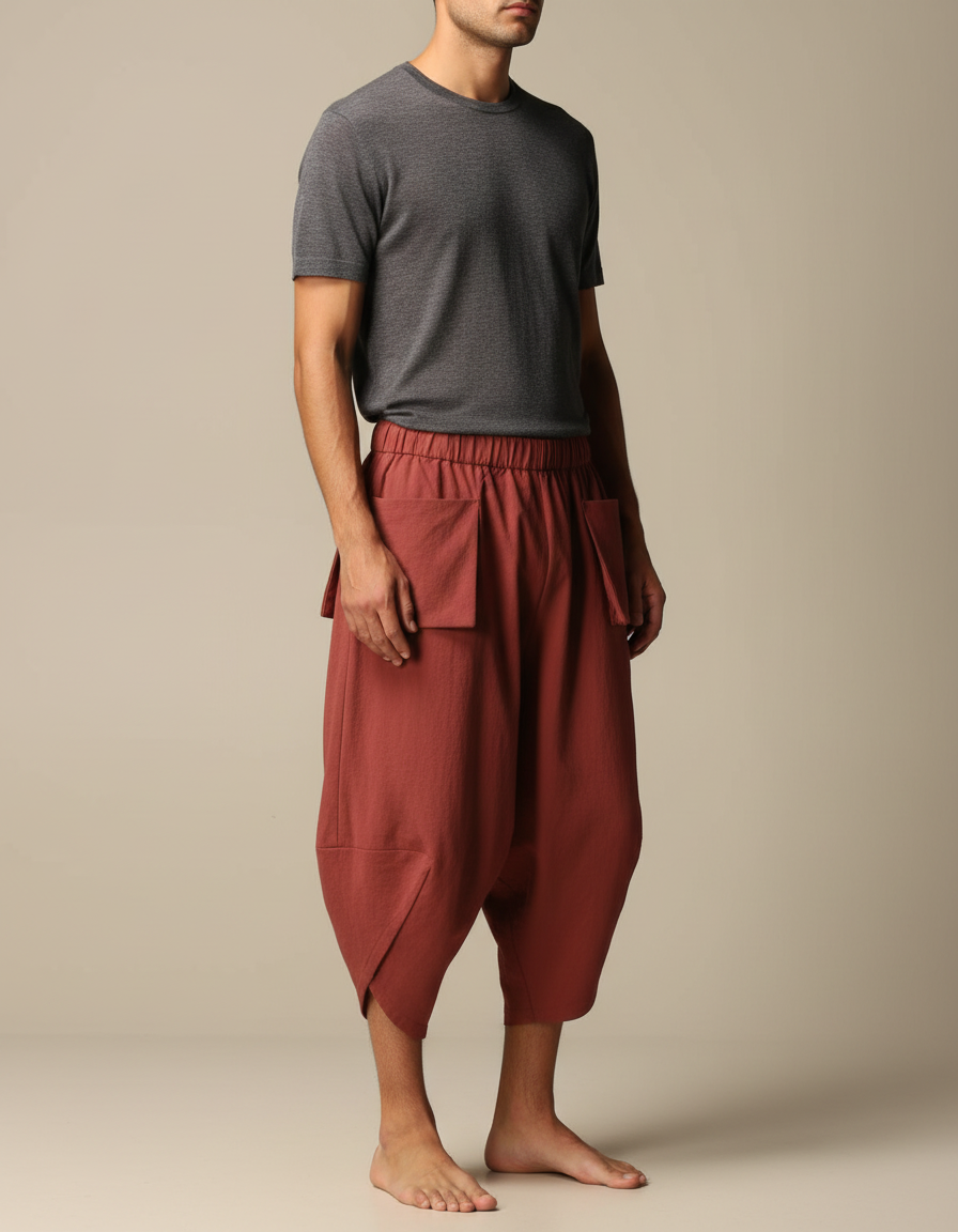 Pantalon Japonais Sarouel Ample Coton Terracotta Homme - Rouge