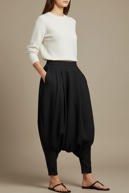 Pantalon Japonais Noir Ample Fluide Sarouel Élégant - Polyester