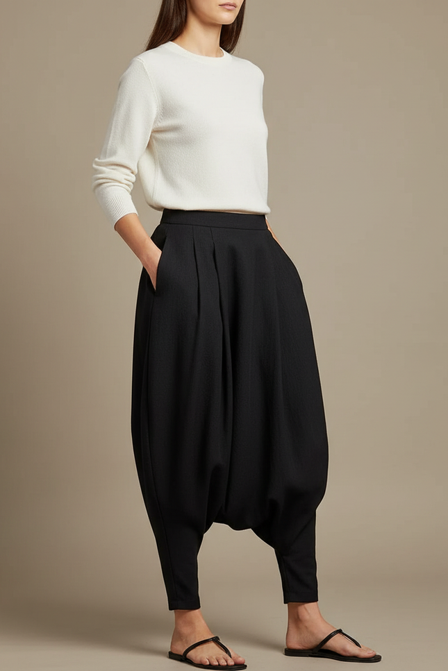 Pantalon Japonais Noir Ample Fluide Sarouel Élégant - Polyester
