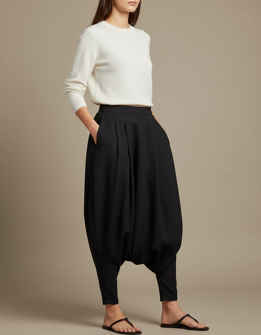 Pantalon Japonais Noir Ample Fluide Sarouel Élégant - Polyester