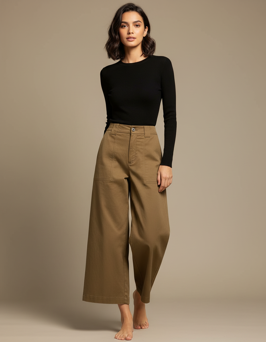 Pantalon Japonais Kaki Coton Ample Décontracté Droit
