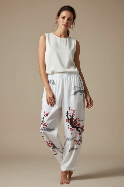 Pantalon Japonais Blanc Fluide Imprimé Cerisier Rouge - Viscose
