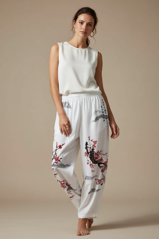 Pantalon Japonais Blanc Fluide Imprimé Cerisier Rouge - Viscose