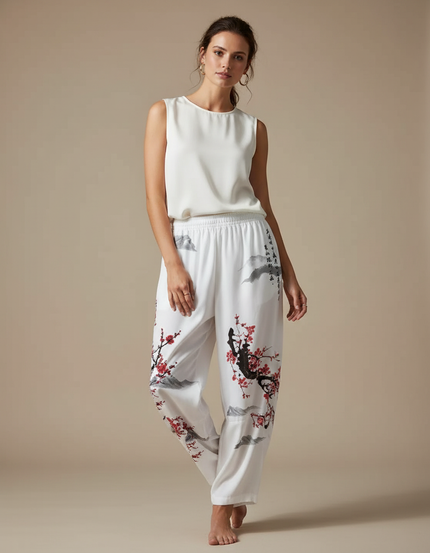Pantalon Japonais Blanc Fluide Imprimé Cerisier Rouge - Viscose