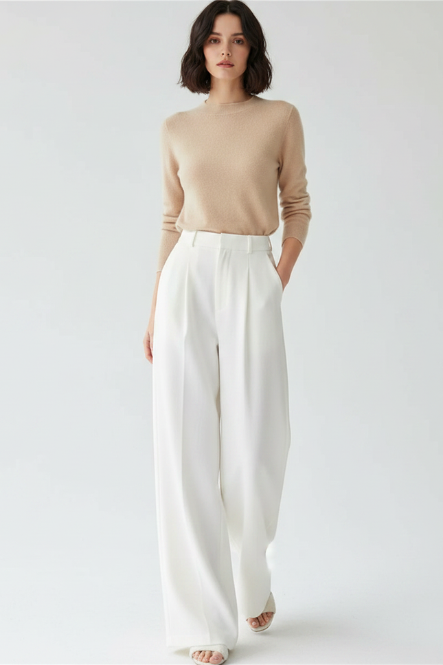 Pantalon Japonais Blanc Fluide Ample Élégant Décontracté - Polyester