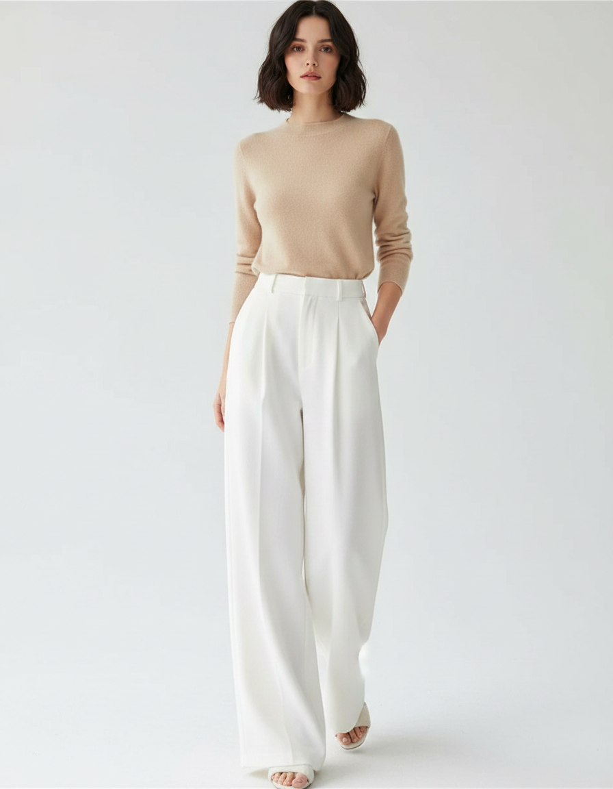 Pantalon Japonais Blanc Fluide Ample Élégant Décontracté - Polyester