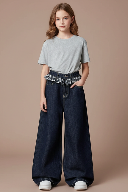 Pantalon Japonais Denim Ample Plaid Fille Décontracté - Marine Jean