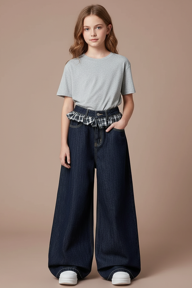 Pantalon Japonais Denim Ample Plaid Fille Décontracté - Marine Jean
