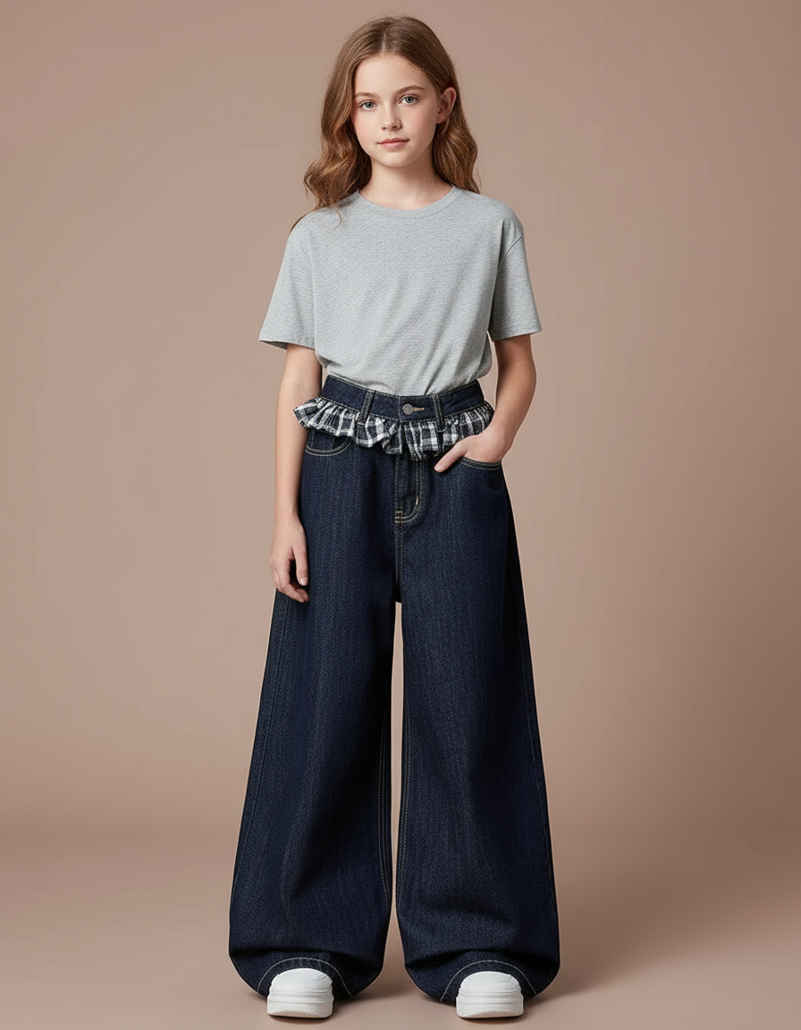 Pantalon Japonais Denim Ample Plaid Fille Décontracté - Marine Jean
