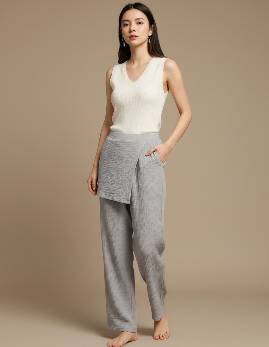 Pantalon Japonais Gris Crêpe Ample Confortable Estival - Coton