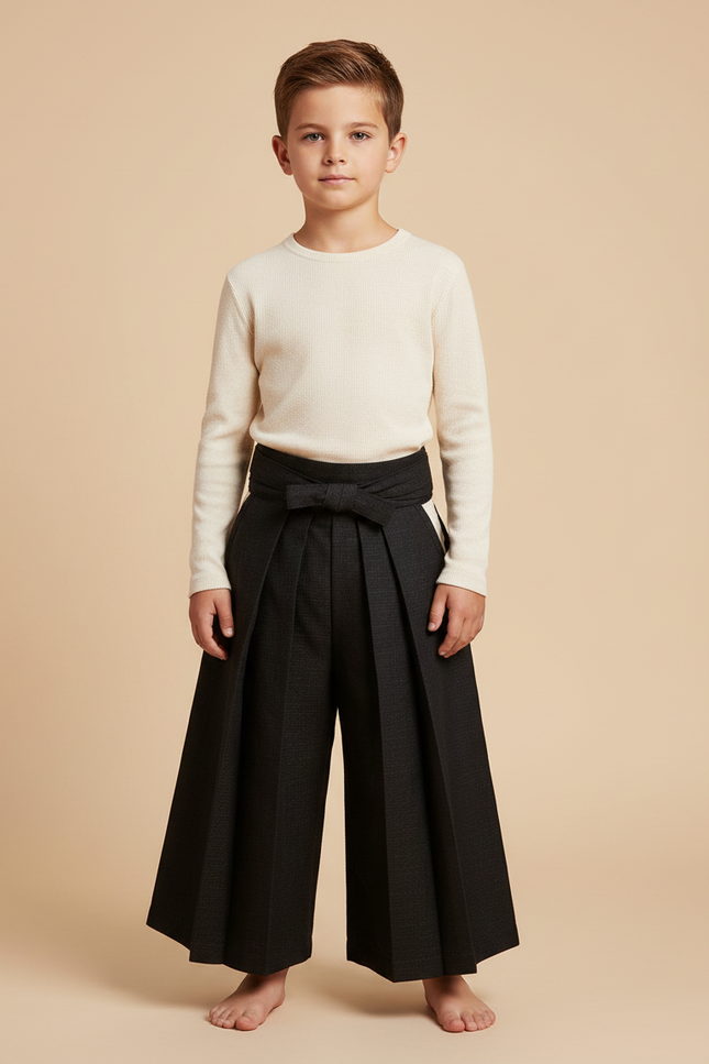 Pantalon Japonais Noir Plissé Ample Ceinturé Élégant - Laine