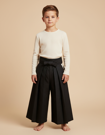 Pantalon Japonais Noir Plissé Ample Ceinturé Élégant - Laine