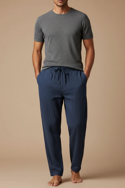 Pantalon Japonais Bleu Marine Lin Ample Confortable Cordon