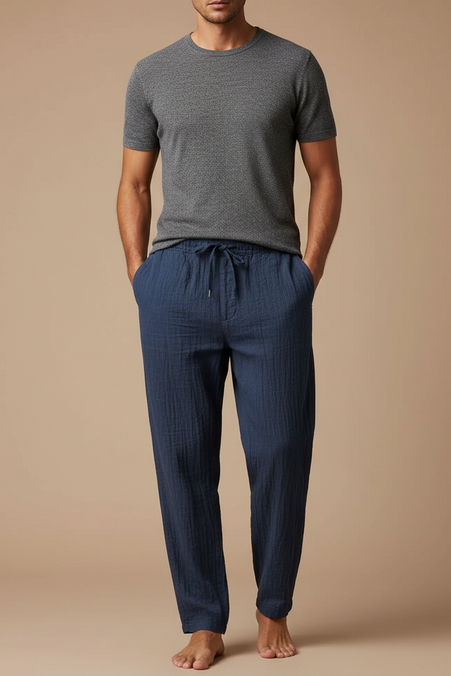 Pantalon Japonais Bleu Marine Lin Ample Confortable Cordon