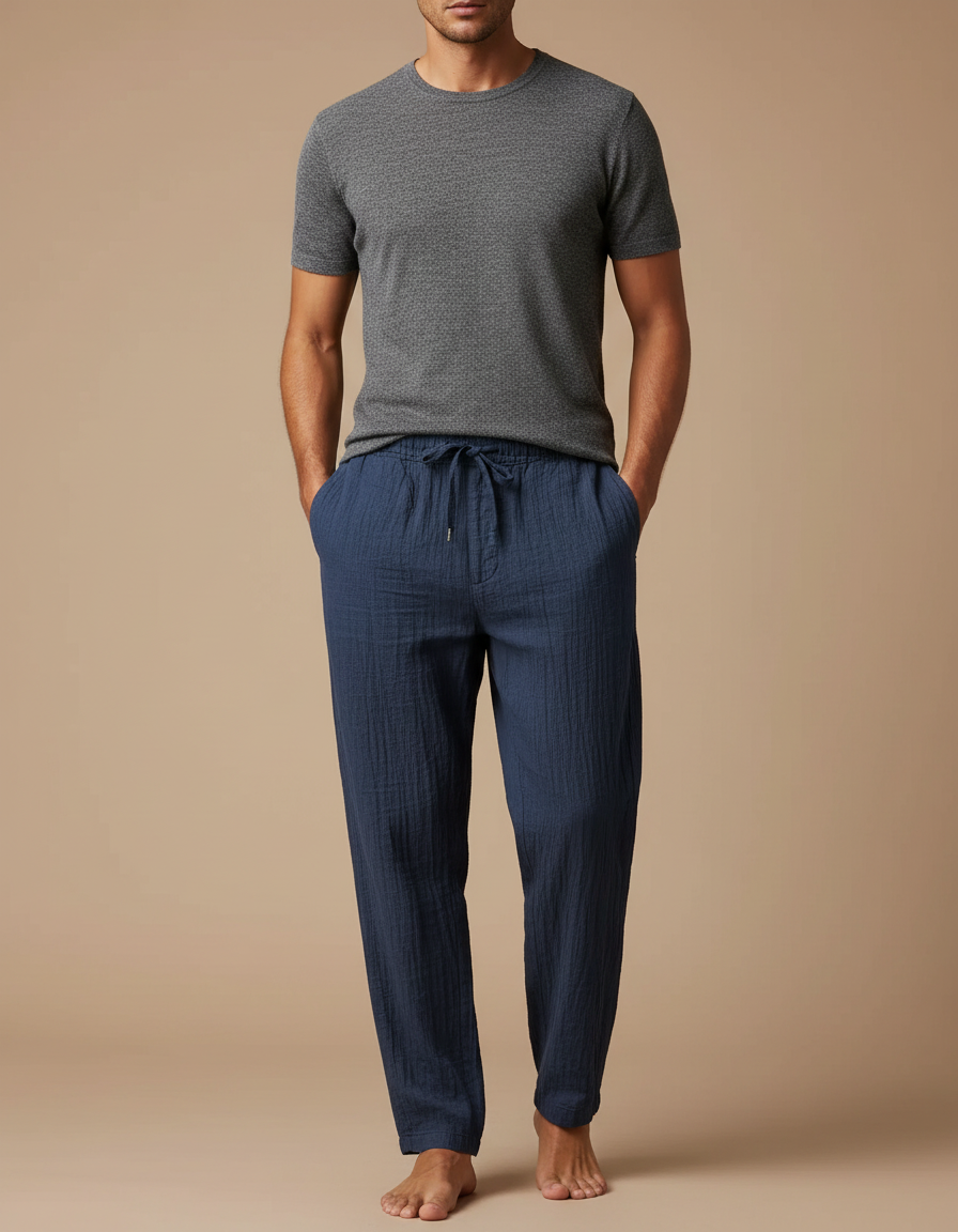 Pantalon Japonais Bleu Marine Lin Ample Confortable Cordon