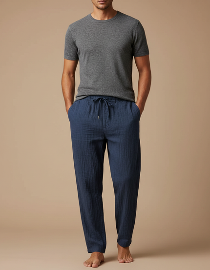 Pantalon Japonais Bleu Marine Lin Ample Confortable Cordon