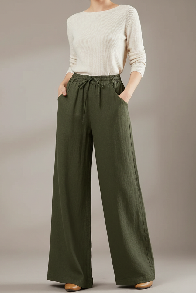Pantalon Japonais Large Vert Lin Casual Femme - Kaki