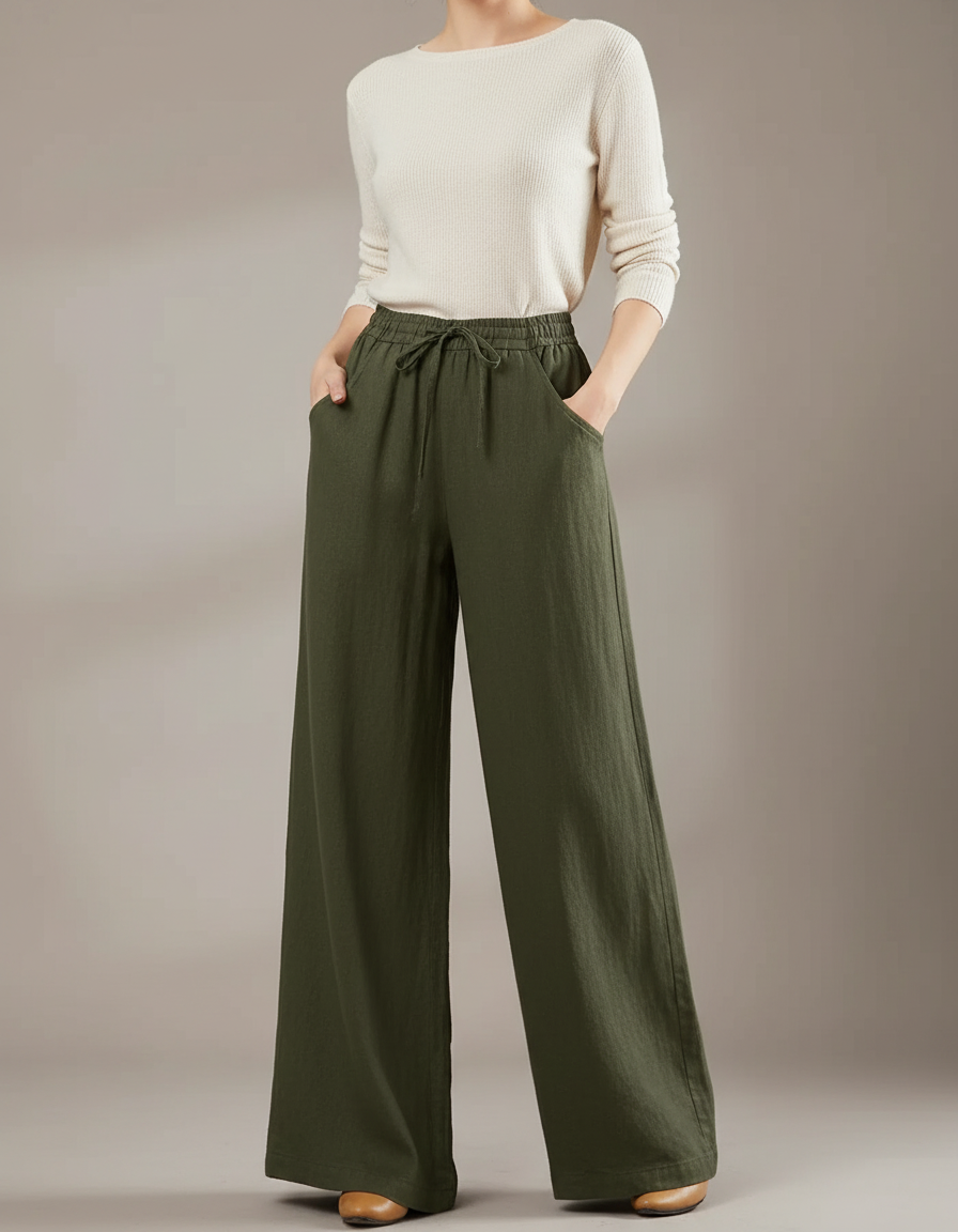 Pantalon Japonais Large Vert Lin Casual Femme - Kaki