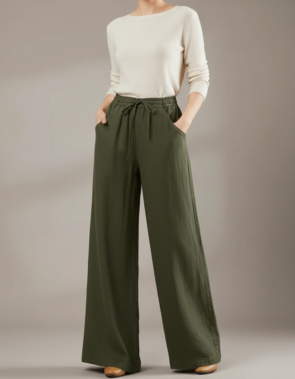 Pantalon Japonais Large Vert Lin Casual Femme - Kaki