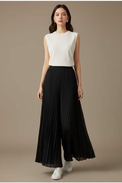 Pantalon Japonais Noir Plissé Fluide Élégant Ample - Polyester