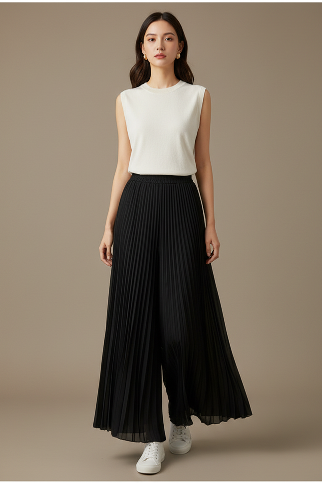 Pantalon Japonais Noir Plissé Fluide Élégant Ample - Polyester