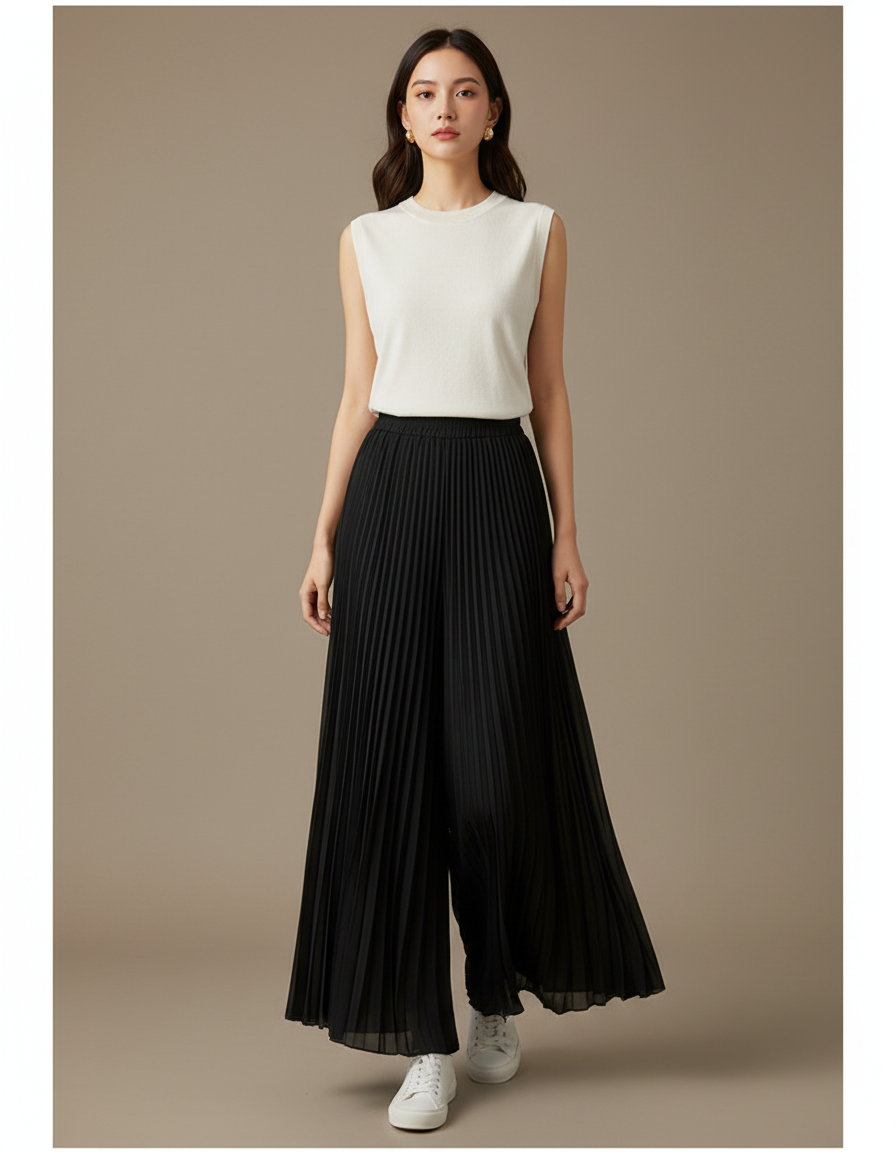 Pantalon Japonais Noir Plissé Fluide Élégant Ample - Polyester