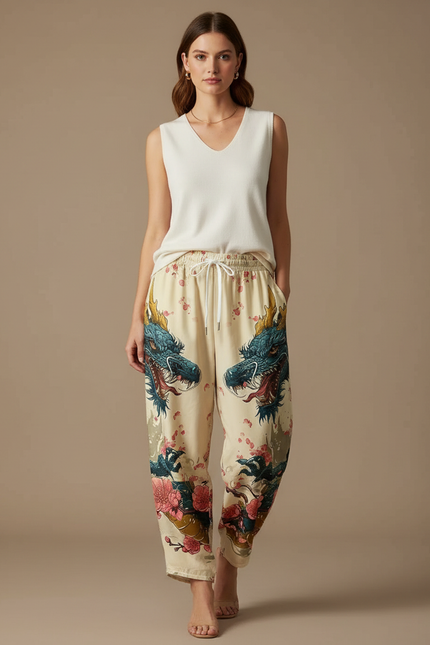 Pantalon Japonais Beige Ample Imprimé Dragon Floral - Viscose