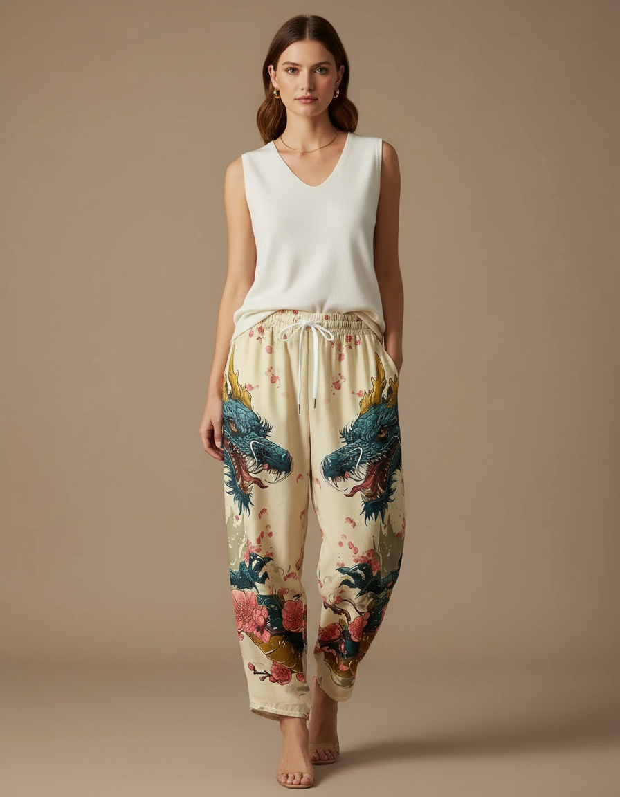 Pantalon Japonais Beige Ample Imprimé Dragon Floral - Viscose