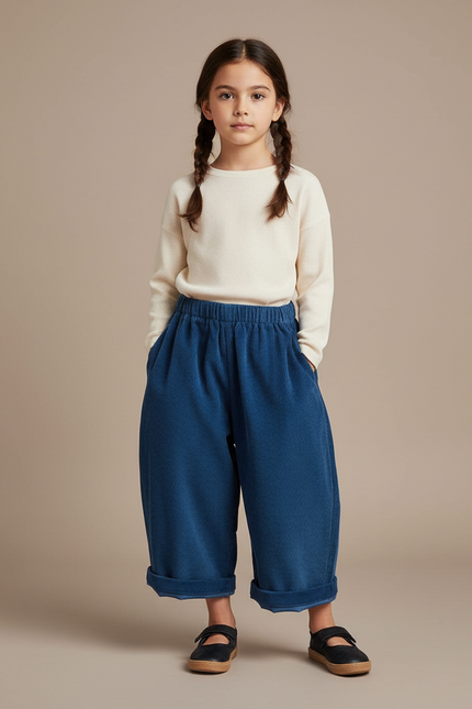Pantalon Japonais Velours Côtelé Bleu Ample Enfant - Cordé