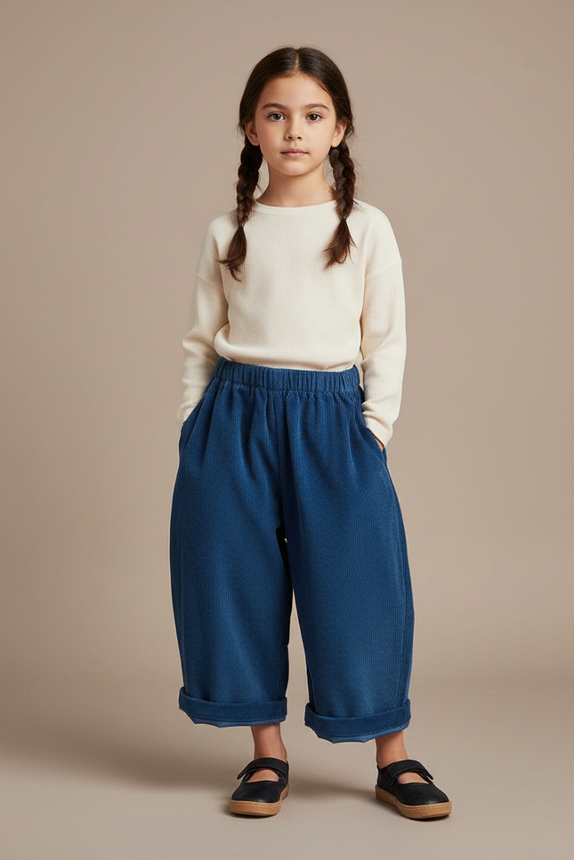 Pantalon Japonais Velours Côtelé Bleu Ample Enfant - Cordé