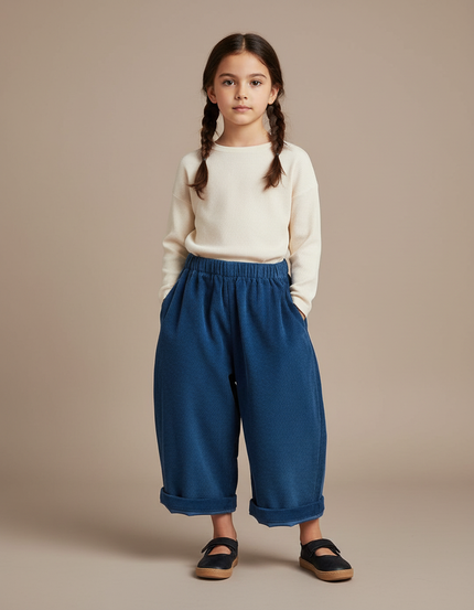 Pantalon Japonais Velours Côtelé Bleu Ample Enfant - Cordé