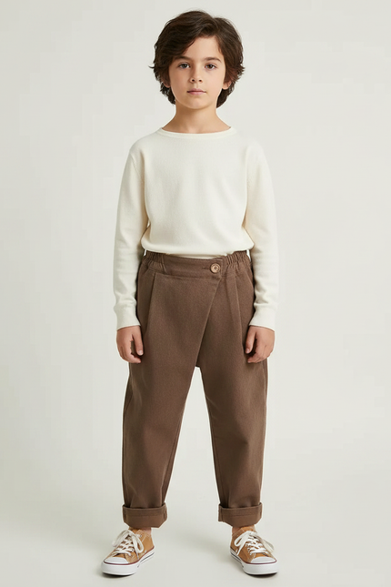 Pantalon Japonais Marron Ample Croisé Décontracté Enfant - Laine