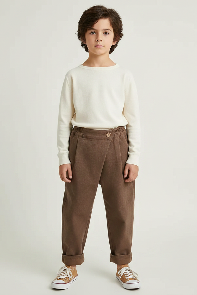 Pantalon Japonais Marron Ample Croisé Décontracté Enfant - Laine