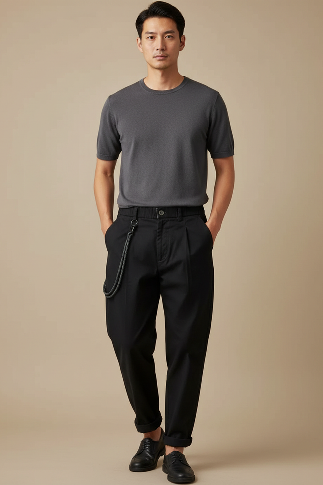 Pantalon Japonais Noir Coton Ample Plissé Décontracté