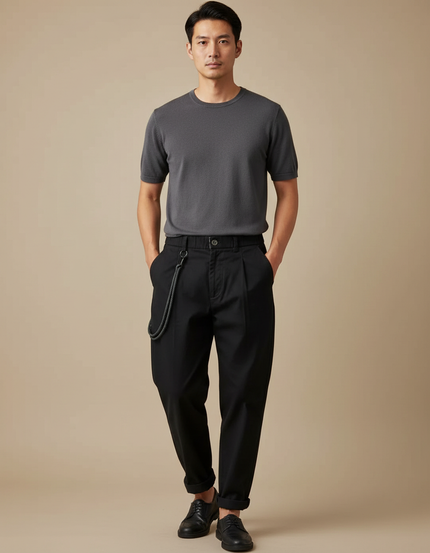 Pantalon Japonais Noir Coton Ample Plissé Décontracté