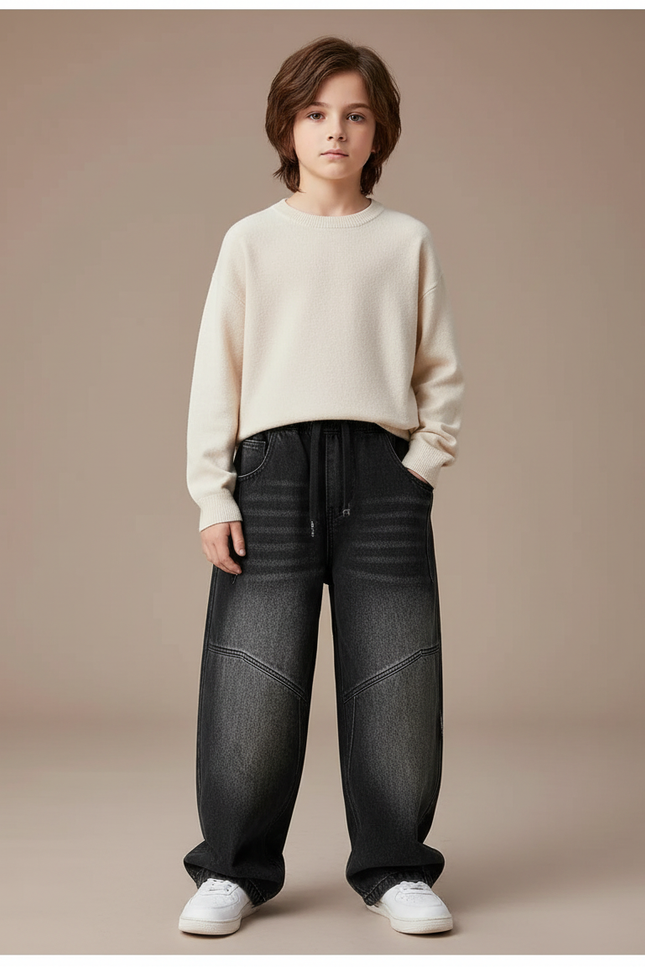 Pantalon Japonais Denim Dégradé Ample Garçon Streetwear - Noir Jean
