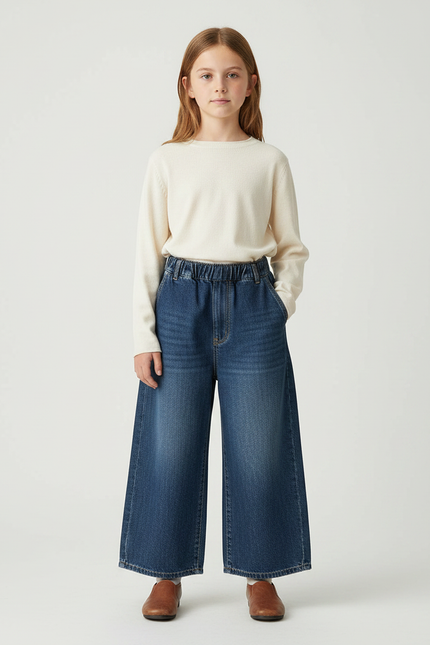 Pantalon Japonais Denim Large Élastique Enfant - Bleu Jean