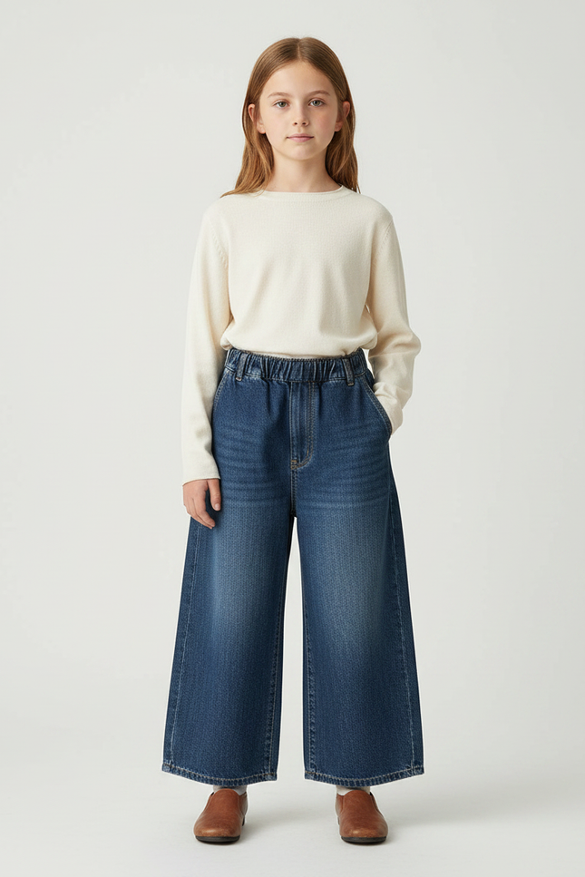 Pantalon Japonais Denim Large Élastique Enfant - Bleu Jean
