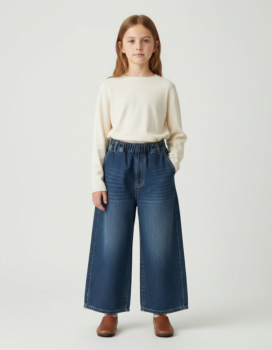 Pantalon Japonais Denim Large Élastique Enfant - Bleu Jean